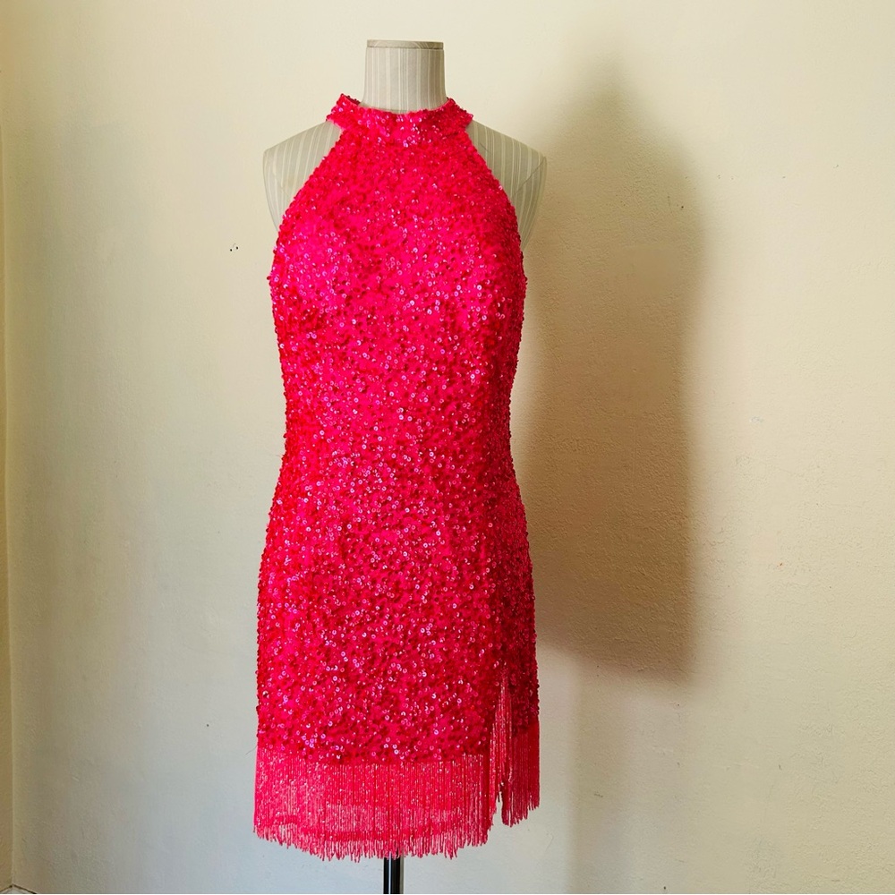 Ashley Lauren hot pink sequin fringe cocktail dress